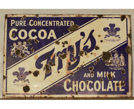 Vintage enamel advertising sign 'Fry's Cocoa and Milk Chocolate', 76 x 115cmPLEASE NOTE this lot is located at and will be so