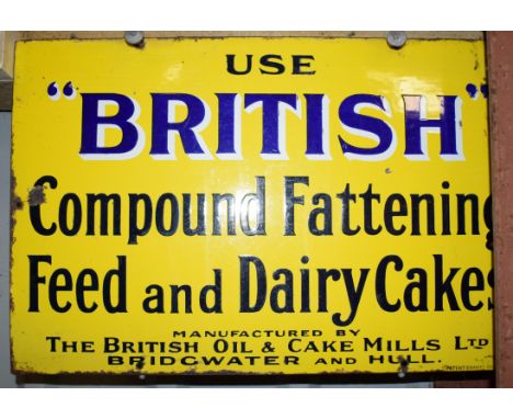 Vintage enamel advertising sign 'British Compound Fattening Feed and Dairy Cakes, Bridgwater & Hull', 33 x 50.5cmPLEASE NOTE 