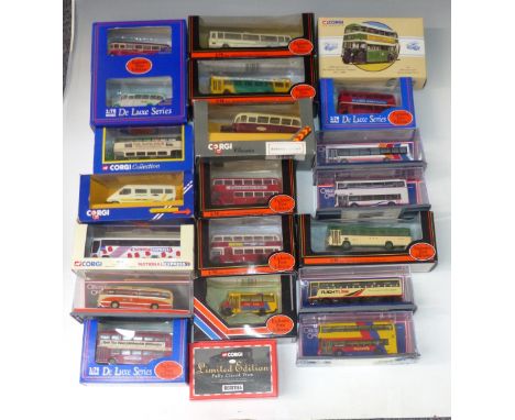 Twenty Corgi and Gilbow 1:76 scale diecast model buses including Badgerline Mini, Plaxton Premier National Express and Bristo