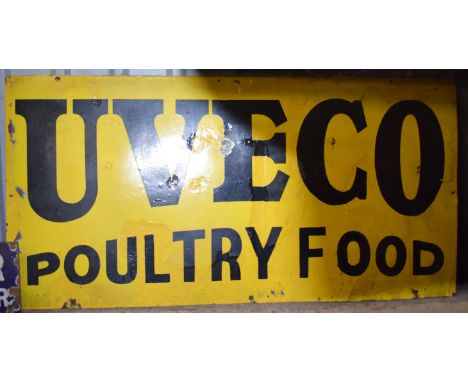 Vintage enamel advertising sign 'Uveco Poultry Food', 61 x 122cmPLEASE NOTE this lot is located at and will be sold from Cock