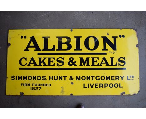 Vintage enamel advertising sign 'Albion Cakes & Meals, Liverpool' 61 x 122cmPLEASE NOTE this lot is located at and will be so