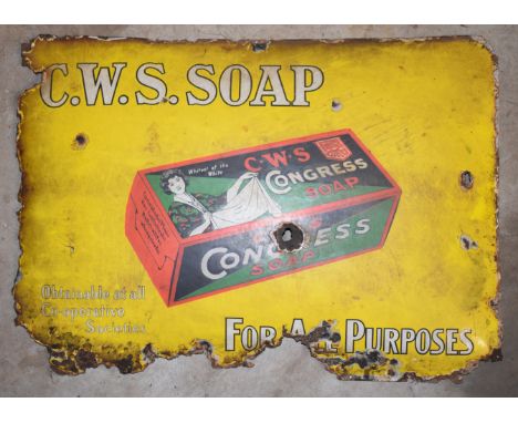 Vintage enamel concave advertising sign 'C.W.S. Soap', 38 x 53cmPLEASE NOTE this lot is located at and will be sold from Cock