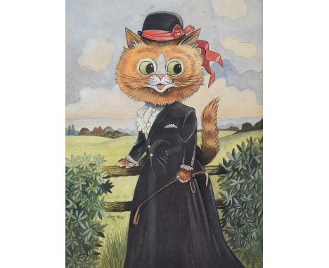 In the manner of Louis Wain novelty portrait of a cat dressed ready to go riding, with crop in her hand, bearing signature to