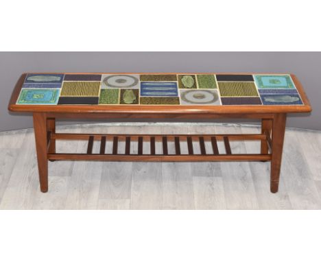 Retro / mid century modern tile inset teak coffee table with undershelf, W115 x D39 x H39cm
