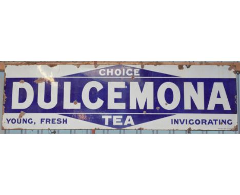 Vintage enamel advertising sign 'Dulcemona Tea', 61 x 214cmPLEASE NOTE this lot is located at and will be sold from Cocknells