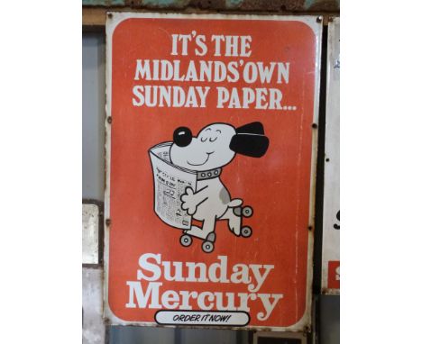 Vintage enamel newspaper advertising sign 'Sunday Mercury' with roller-skating dog, 70 x 47cmPLEASE NOTE this lot is located 