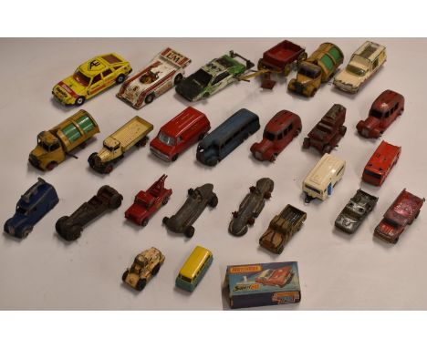 Twenty six Dinky, Corgi and Matchbox diecast model vehicles including a loudspeaker van, Kennel Club van, fire engine etc tog
