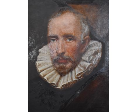 Old master style oil on board portrait of a man with ruff, 34 x 25cm, in gilt frame