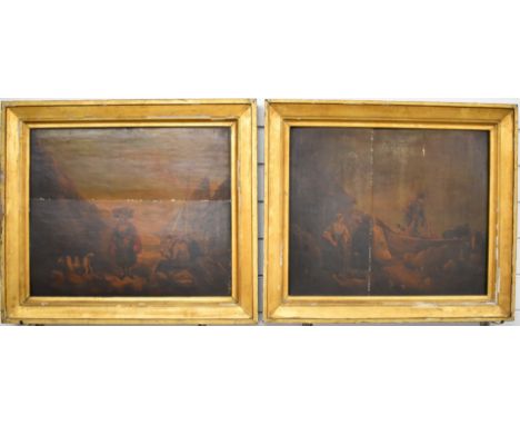 Pair of Old Master or naive style oils on panel, fishermen tidying their nets and boats and fishermen relaxing with a woman c