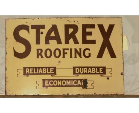 Vintage enamel advertising sign 'Starex Roofing', 61 x 91cmPLEASE NOTE this lot is located at and will be sold from Cocknells