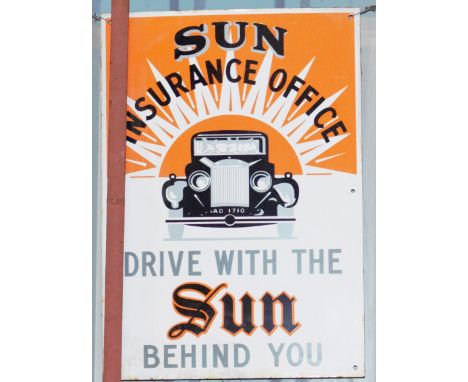 Vintage enamel advertising sign 'Sun Insurance Office' with pre war car to centre, 52 x 36cmPLEASE NOTE this lot is located a