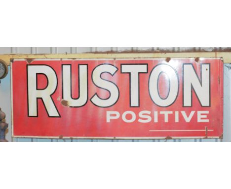 Vintage enamel advertising sign 'Ruston Positive' (possibly Ruston Bucyrus or Ruston Hornsby engines), 58 x 154cmPLEASE NOTE 