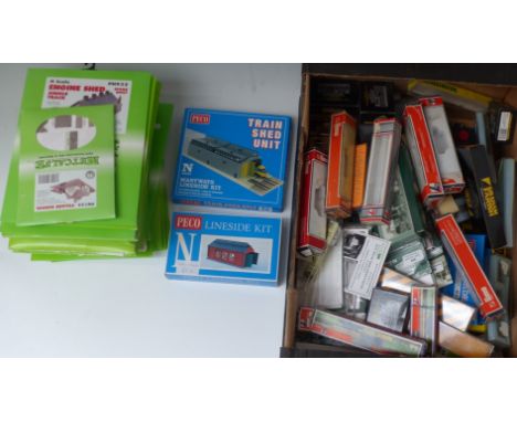 A collection of N gauge model railway kits, accessories and boxes including Metcalf buildings, PECO, Lima, Graham Farish and 
