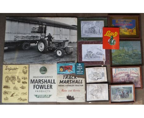 Ford tractor advertising photograph, two JE Wigstan steam engine prints, two cross section drawings, Lister CS engine sign an