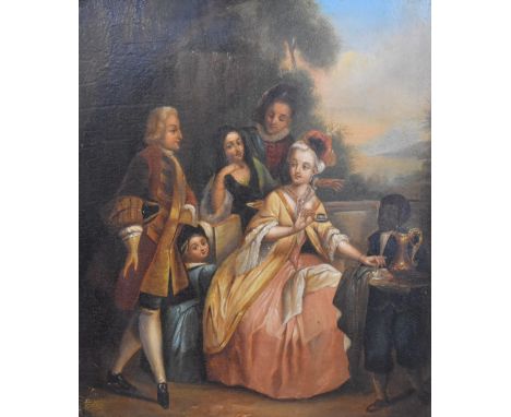 19thC oil on panel seated lady having tea with children and landscape beyond, 23 x 19.5cm, in ornate gilt frame