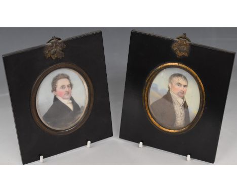 Two 19thC portrait miniatures of gentlemen, in ebonised frames with gilt mounts, size of portraits 7 x 6cm, overall size of f