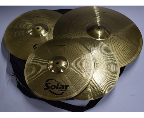 Sabian Solar 16 inch crash, Sabian Solar 14 inch hi-hats and 20 inch Solar Ride cymbals, all in Stagg cymbal bag