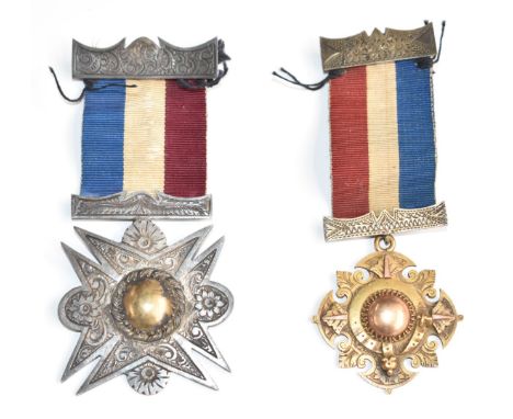 Two possibly French or continental Masonic or similar medals or orders, one marked sterling silver the other yellow metal imp