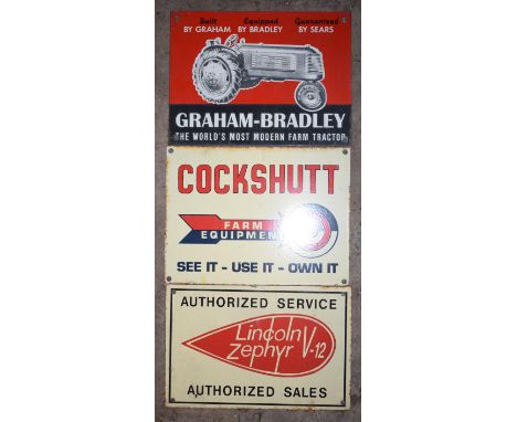 Three enamel advertising signs comprising Graham-Bradley, Cockshutt & Lincoln Zephyr, largest 23 x 30.5cm PLEASE NOTE this lo
