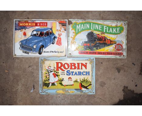 Three enamel advertising signs comprising Main Line Flake, Morris Minor & Robin Starch, largest 18 x 28cmPLEASE NOTE this lot