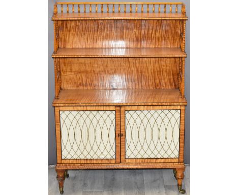 19thC satinwood waterfall bookcase cabinet with bobbin turned gallery and supports, wirework and linenfold cabinet doors, rai