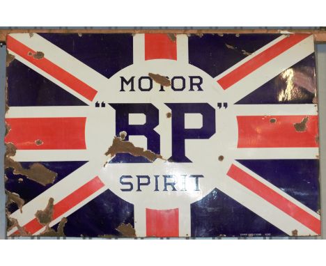 Vintage enamel advertising sign 'BP Motor Spirit', 122 x 183cmPLEASE NOTE this lot is located at and will be sold from Cockne