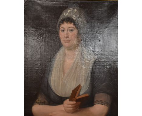 19thC oil on canvas portrait of a lady holding a hymn book, 70 x 57cm, in ornate period frame