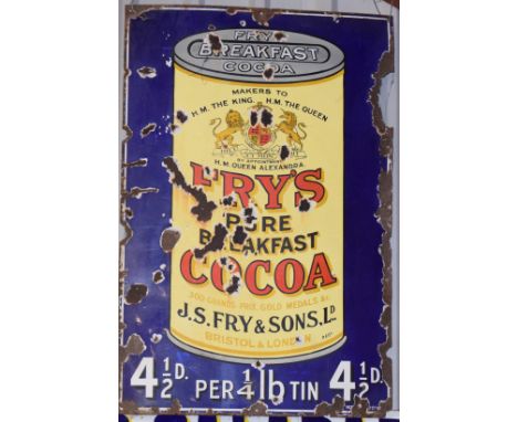Vintage enamel advertising sign 'Fry's Cocoa', 81 x 62cmPLEASE NOTE this lot is located at and will be sold from Cocknells Fa