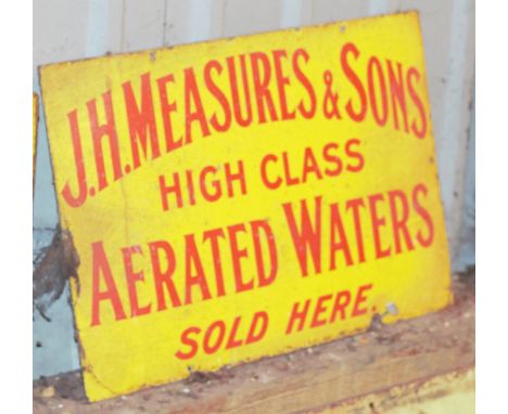 Vintage enamel advertising sign 'J H Measures & Sons Aerated Waters', 38 x 61cmPLEASE NOTE this lot is located at and will be
