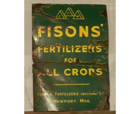 Vintage enamel advertising sign 'Fisons' Fertilizers for All Crops, Newport Monmouthshire', 76 x 53cmPLEASE NOTE this lot is 