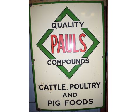 Vintage enamel advertising sign 'Pauls cattle poultry and pig foods', 122 x 81cmPLEASE NOTE this lot is located at and will b