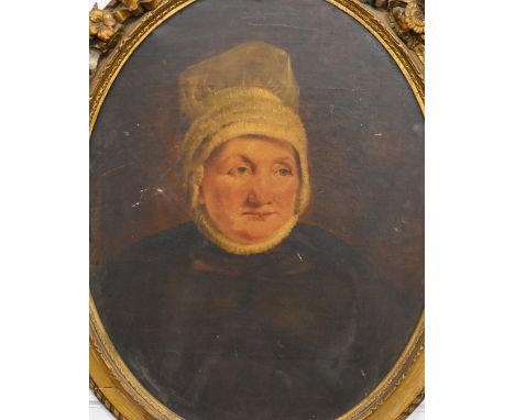 18th or 19thC Old Master school oil on canvas of a continental lady in a bonnet, maximum diameter 68cm, in ornate period gilt