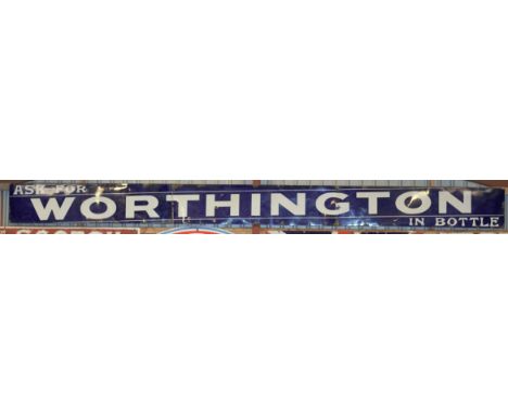Vintage enamel advertising sign 'Worthington' beer, 46 x 566cmPLEASE NOTE this lot is located at and will be sold from Cockne
