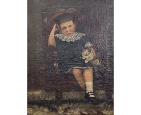 N Crowther Victorian oil on canvas portrait of a girl seated with cat, signed and dated 97 lower left, 42 x 31cm, in gilt fra
