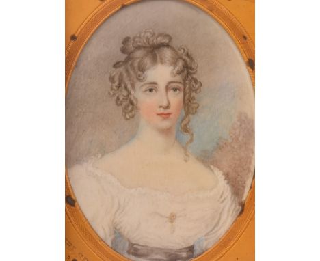 19thC portrait miniature of Miss Croker after Sir Thomas Lawrence, maximum diameter 9.5cm, with details verso and in gilt fra
