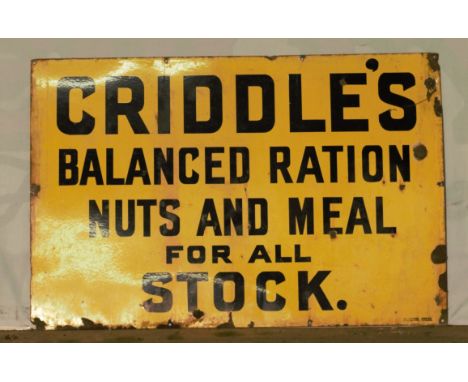 Vintage enamel advertising sign 'Criddle's Balanced Ration nuts and meal for all stock', 61 x 91cmPLEASE NOTE this lot is loc