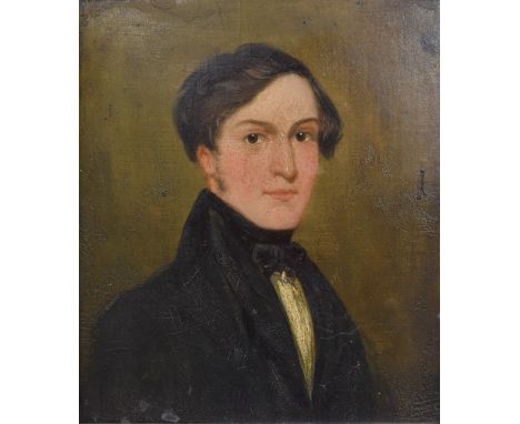 19thC oil on board head and shoulders portrait of a young man, indistinctly named and dated to label verso, 19.5 x 16.5cm, in