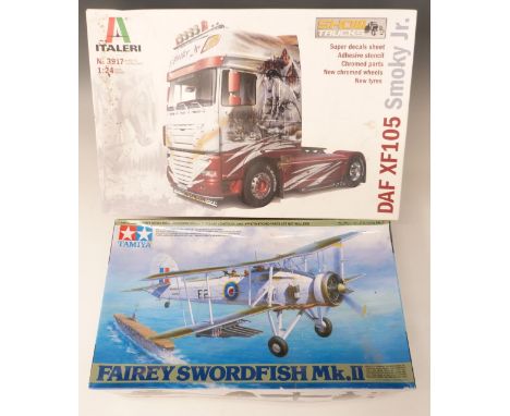 Two model kits Italeri 1:24 scale DAF XF105 Smoky Jr lorry and Tamiya 1:48 scale Fairey Swordfish MK.II, both in original box