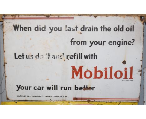 Vintage enamel advertising sign 'Mobiloil', 76 x 114cmPLEASE NOTE this lot is located at and will be sold from Cocknells Farm
