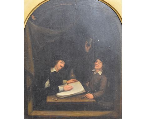 19thC continental oil on panel of two men, one writing, the other raising a goblet, indistinctly signed and dated lower left,