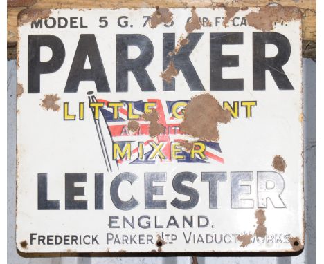 Vintage enamel advertising sign 'Parker Leicester Little giant Mixer', 30.5 x 35.5cm PLEASE NOTE this lot is located at and w