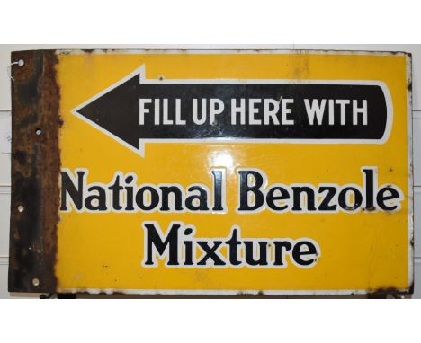 A vintage 'Fill up here with National Benzole Mixture' double sided enamel advertising sign of motoring / transport interest,