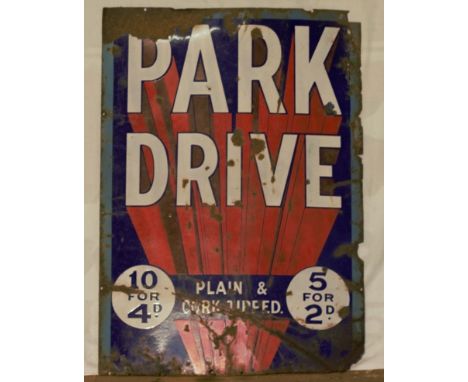 Vintage enamel advertising sign 'Park Drive', 86 x 61cm PLEASE NOTE this lot is located at and will be sold from Cocknells Fa
