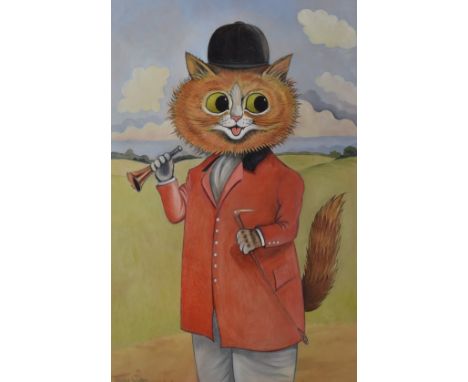 In the manner of Louis Wain novelty portrait of a cat dressed ready to go riding, with crop and horn in his hands, bearing si