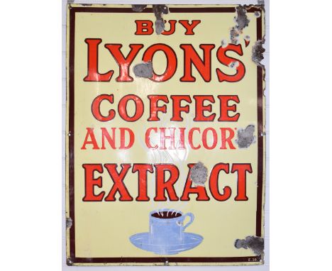 Vintage enamel advertising sign 'Buy Lyon's Coffee and Chicory Extract' with coffee cup and saucer decoration to base, 99 x 7