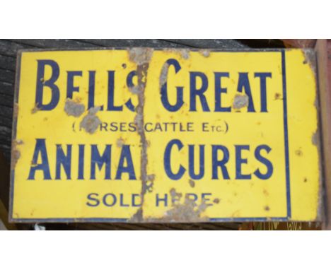 Vintage enamel double sided advertising sign 'Bell's Great Animal Cures', 30.5 x 51cm