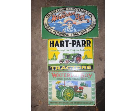 Three enamel advertising signs comprising Hart-Parr and two Waterloo Boy, largest 26 x 44.5cmPLEASE NOTE this lot is located 