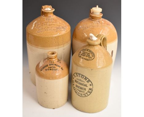 Four stoneware flagons for Shergold and Kimber, Cirencester, Joseph Firkins, Tewkesbury and Upton upon Severn, S. Stone Botan