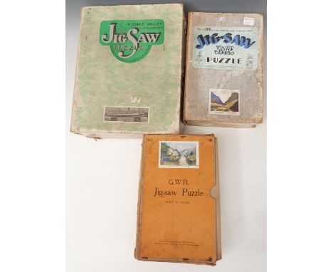 Three vintage Chad Valley Jigsaw puzzles GWR Mountains of Killarney, GWR Fringle Bridge and RMS Lancastria, all in original b
