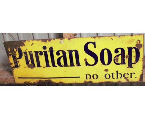 Vintage enamel advertising sign 'Puritan Soap', 46 x 122cm PLEASE NOTE this lot is located at and will be sold from Cocknells